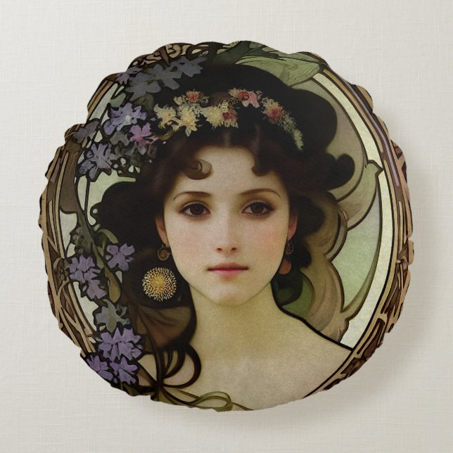 Elegant Mucha Style Portrait of a Beautiful Woman  Round Pillow (Front)