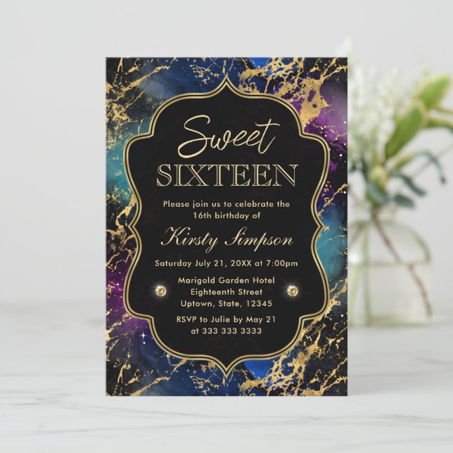Elegant Multi Colour Galaxy Marble Sweet Sixteen Invitation (Standing Front)