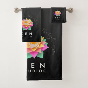 Elegant Multi-Coloured Lotus Flower on Black Bath Towel Set
