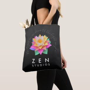 Elegant Multi-Coloured Lotus Flower on Black Tote Bag