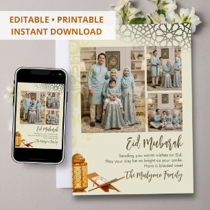 Elegant Multi-Photo Geometric Islamic Eid Mubarak  Holiday Card