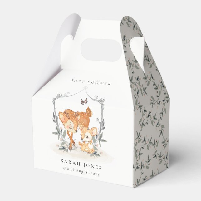 Elegant Mum Deer Fawn Floral Crest Baby Shower Favor Box (Front Side)