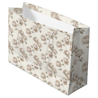 Elegant Mushroom Beige Garden Roses on Ivory Large Gift Bag