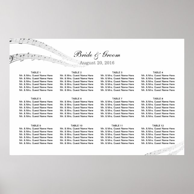 Elegant Music Notes Musical Wedding Seating Chart (Front)