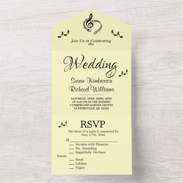 Elegant Music Wedding Theme Yellow All In One Invitation (Inside)
