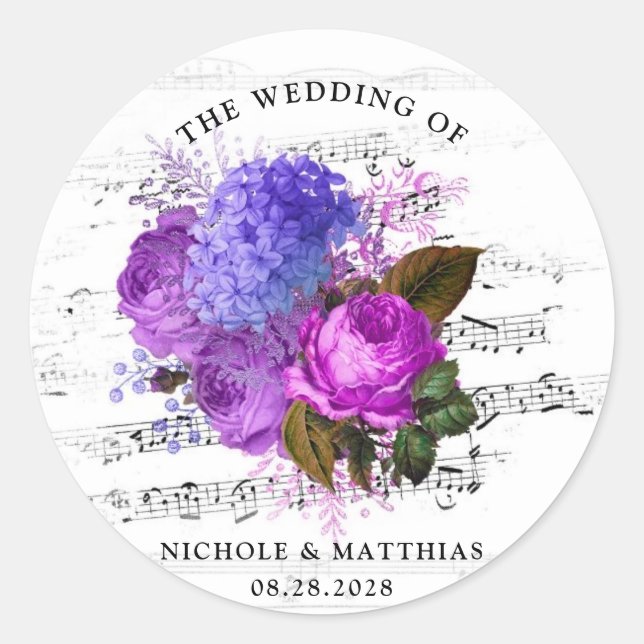 Elegant Musical Floral Wedding Classic Round Sticker (Front)