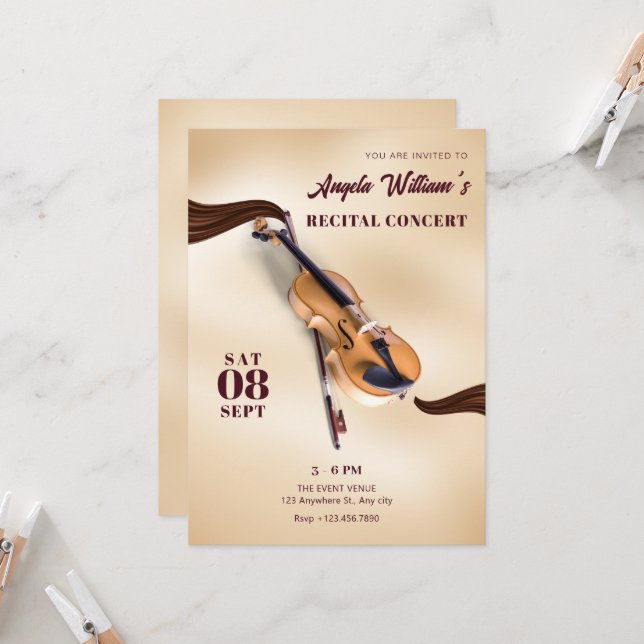 Elegant Musical Instrument violin concert recital Invitation (Front/Back In Situ)