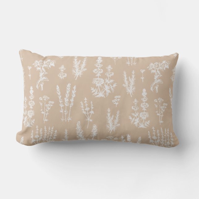 Elegant Mustard Beige Herbal Garden Pattern Lumbar Pillow (Front)