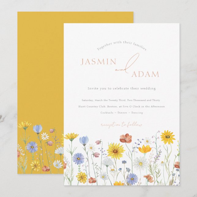 Elegant Mustard Wildflower Monogram Wedding Invitation (Front/Back)
