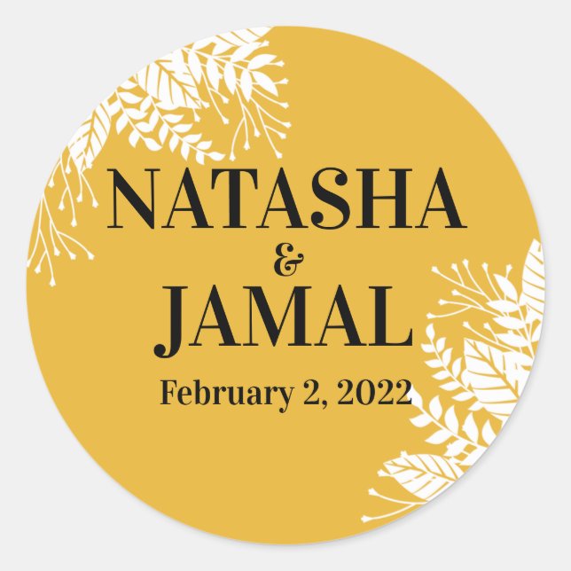 Elegant Mustard Yellow Leaves Wedding Classic Round Sticker (Front)