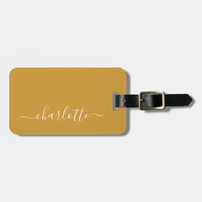 Elegant Mustard Yellow Script Name Personalized Luggage Tag (Front Horizontal)