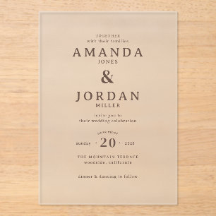 Elegant Muted Brown Typographic Acrylic Invitations