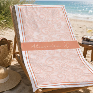 Elegant Muted Coral Floral Damask Monogram Name Beach Towel