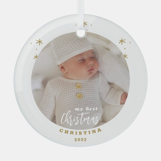 Elegant My First Christmas Baby's Photo  Glass Ornament (Front)