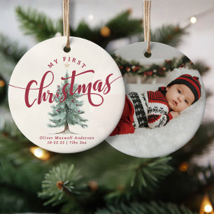Elegant My First Christmas Tree Script Baby Photo  Ceramic Ornament