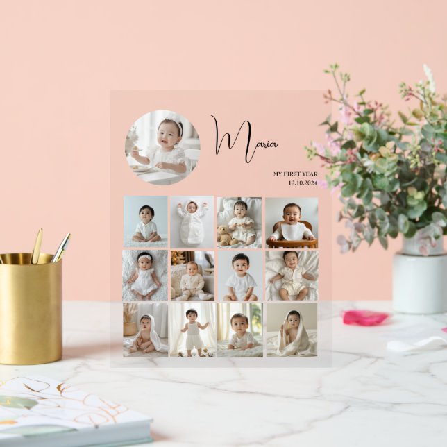 Elegant My First Year Collage Custom Photo Acrylic Sign (Wedding)