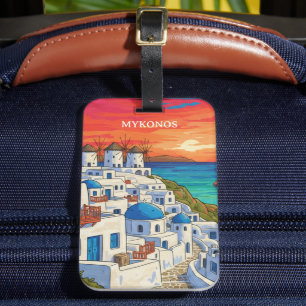 Elegant Mykonos Greece Windmills Vintage Travel Luggage Tag