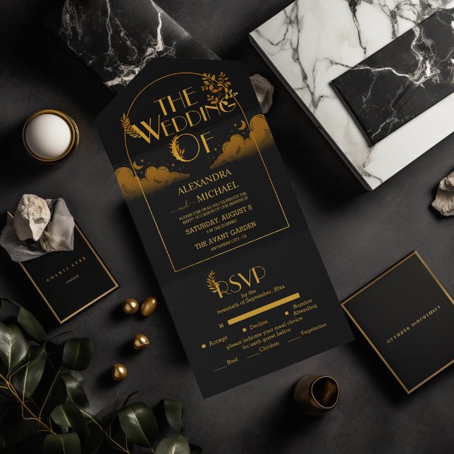 Elegant Mystical Black Gold Clouds Moon Wedding All In One Invitation (Creator Uploaded)