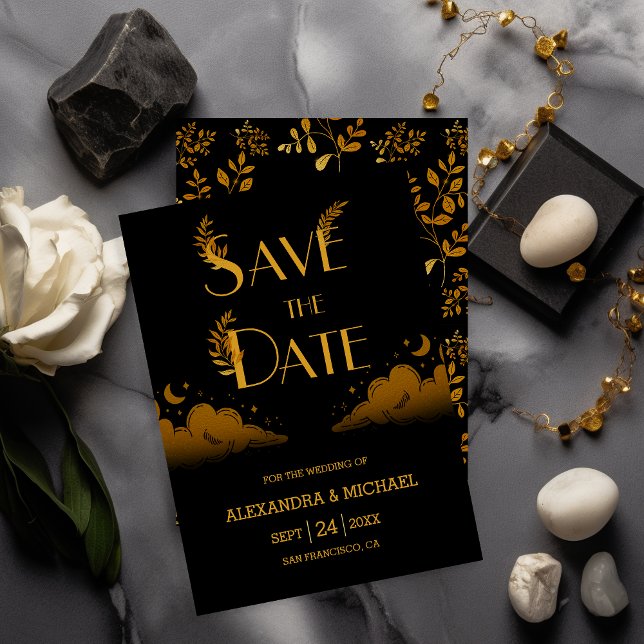 Elegant Mystical Black Gold Clouds Moon Wedding Save The Date (Creator Uploaded)