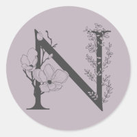 Elegant N Boho Floral Monogram Initial Lilac Grey