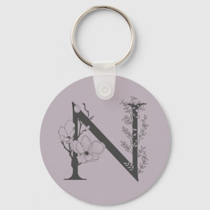 Elegant N Boho Floral Monogram Initial Lilac Grey Keychain