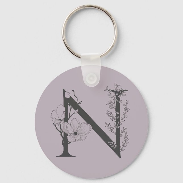 Elegant N Boho Floral Monogram Initial Lilac Grey Keychain (Front)