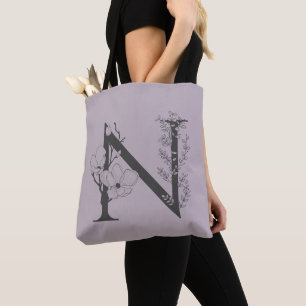 Elegant N Boho Floral Monogram Initial Lilac Grey Tote Bag