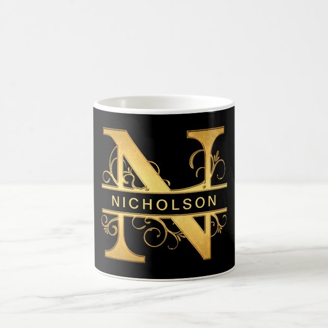 Elegant "N" Monogram Personalized Name Black Gold Coffee Mug (Center)