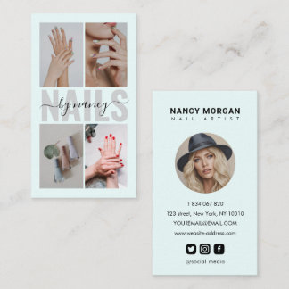 Elegant Nail Artist Typography Photo Collage Blue Business Card