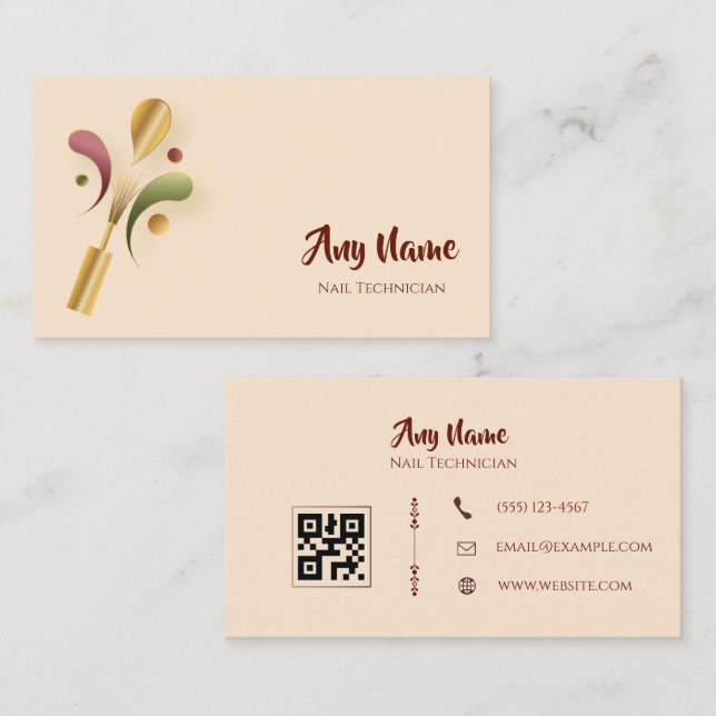 Elegant Nail Technician Business Card with QR Code (Front/Back)