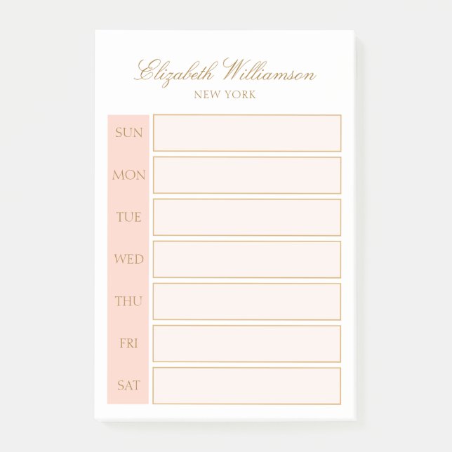 Elegant Name Blush Pink Gold White Weekly Planner Post-it Notes (Front)
