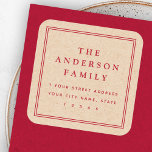 Elegant name border Kraft look return address Square Sticker<br><div class="desc">Elegant return address labels featuring your family name in a red,  elegant serif font and the return address below surrounded by a double border on a printed image Kraft paper look background.</div>