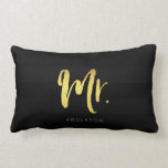 Elegant Name Faux Gold Mr Black Stripes Lumbar Pillow<br><div class="desc">Pillow featuring "Mr" in faux gold brush script against a black stripes stripes pattern background. Great for newly weds or anniversaries. Personalize it by replacing the placeholder text. For more options such as to change the font and it's size click the "Customize it" button. *Please note that the Zazzle Watermark...</div>