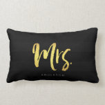 Elegant Name Faux Gold Mrs Black Stripes Lumbar Pillow<br><div class="desc">Pillow featuring "Mrs" in faux gold brush script against a black stripes stripes pattern background. Great for newly weds or anniversaries. Personalize it by replacing the placeholder text. For more options such as to change the font and it's size click the "Customize it" button. *Please note that the Zazzle Watermark...</div>