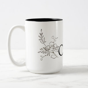 Elegant name flower line black white  Two-Tone coffee mug