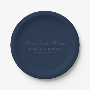 Elegant Name In Script Navy Blue In Loving Memory Paper Plate