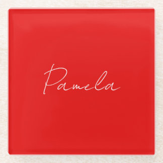 Elegant Name Minimalist Classical Warm Red Glass Coaster