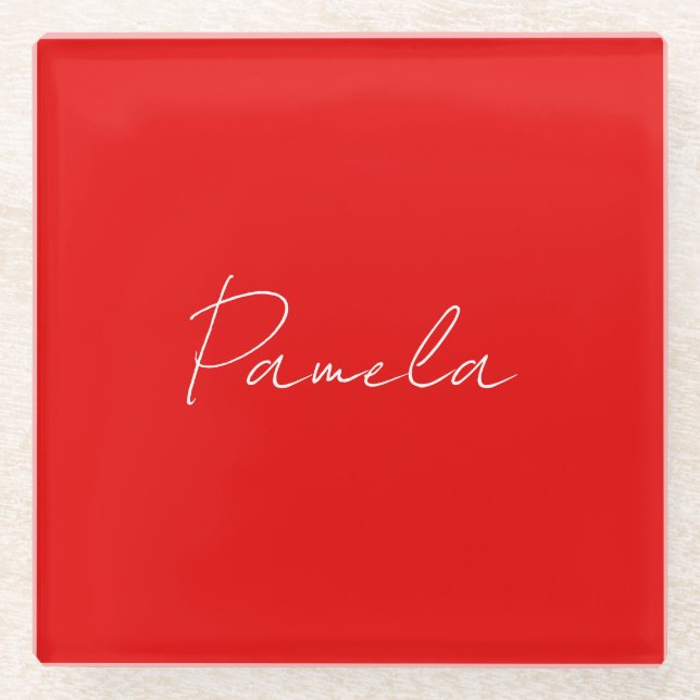 Elegant Name Minimalist Classical Warm Red Glass Coaster (Front)