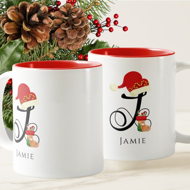 Elegant Name Modern Script All Letter J Christmas Two-Tone Coffee Mug (Creator Uploaded)