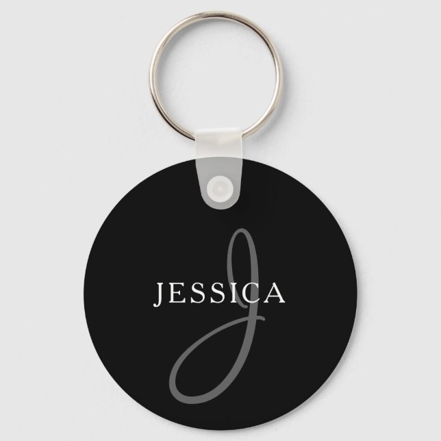 Elegant Name Monogram | Black White & Grey Keychain (Front)