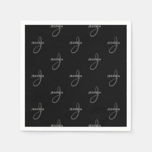 Elegant Name & Monogram Black, White & Grey Napkin