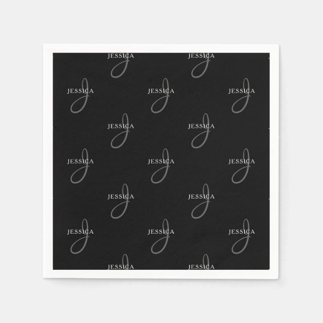 Elegant Name & Monogram | Black, White & Grey Napkin (Front)