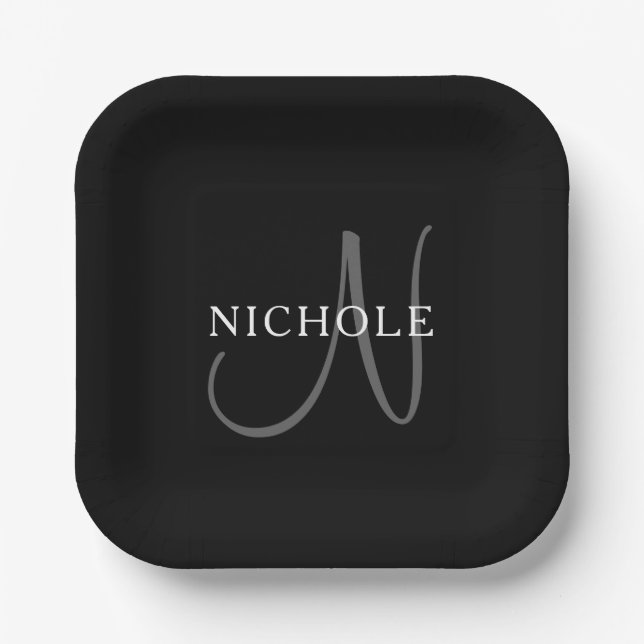 Elegant Name Monogram | Black White & Grey Paper Plate (Front)