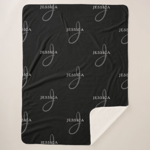 Elegant Name & Monogram Black, White & Grey Sherpa Blanket