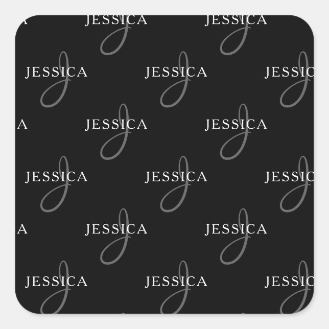 Elegant Name & Monogram | Black, White & Grey Square Sticker (Front)