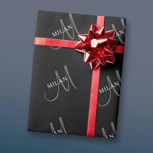 Elegant Name Monogram | Black White & Grey Wrapping Paper (Creator Uploaded)