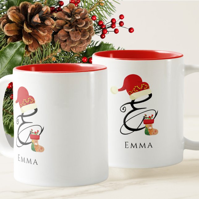 Elegant Name Monogram Script Letter E Christmas Two-Tone Coffee Mug (Creator Uploaded)