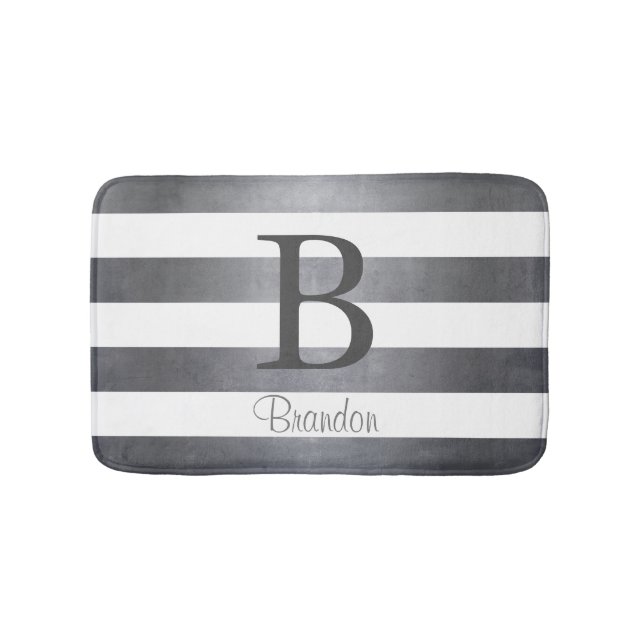 Elegant name monogram striped Grey Bath Mat (Front)
