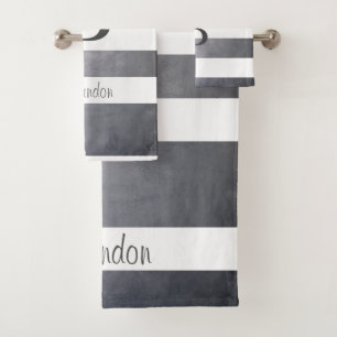 Elegant name monogram striped Grey Bath Towel Set