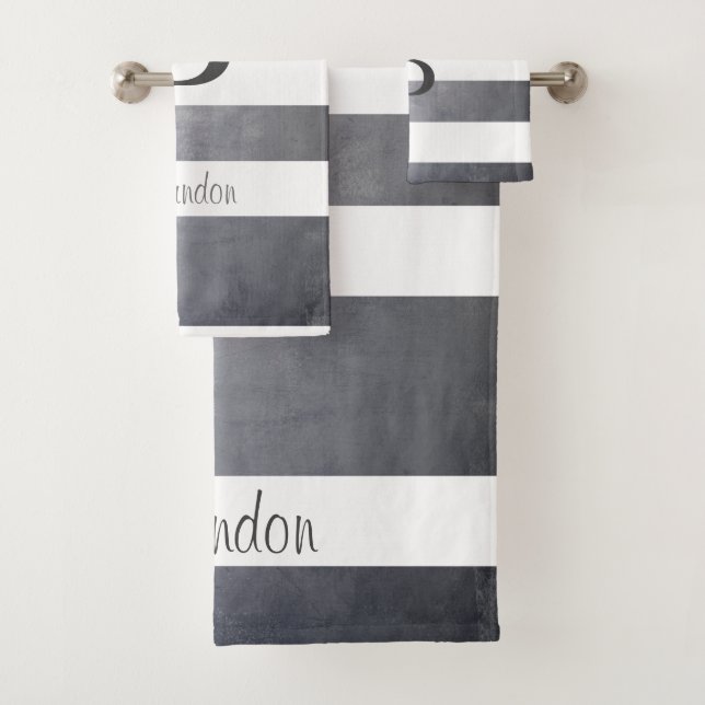 Elegant name monogram striped Grey Bath Towel Set (Insitu)